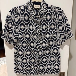 Sezane Navy Top with White Floral Embroidery